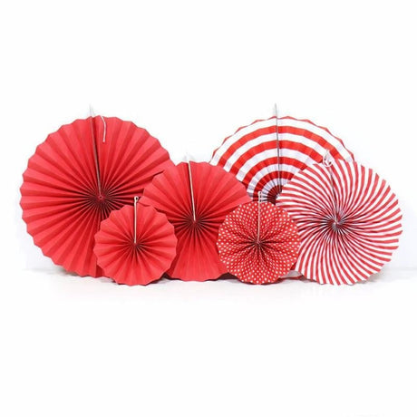 Set of 6 Red Hanging Paper Fan Decorations 8", 12", 16" - YauSpark