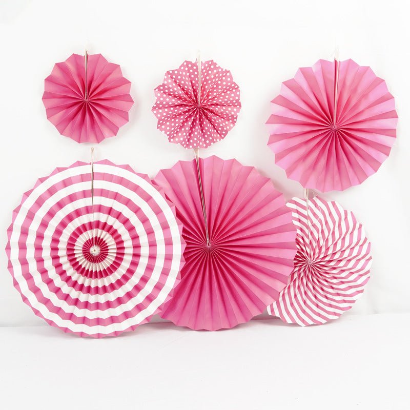 Set of 6 Rose Red Hanging Paper Fan Decorations 8", 12", 16" - YauSpark