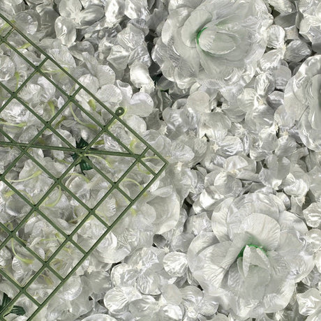 Silver 3D Silk Rose and Hydrangea Flower Wall Mat Backdrop - 4 Artificial Panels - YauSpark