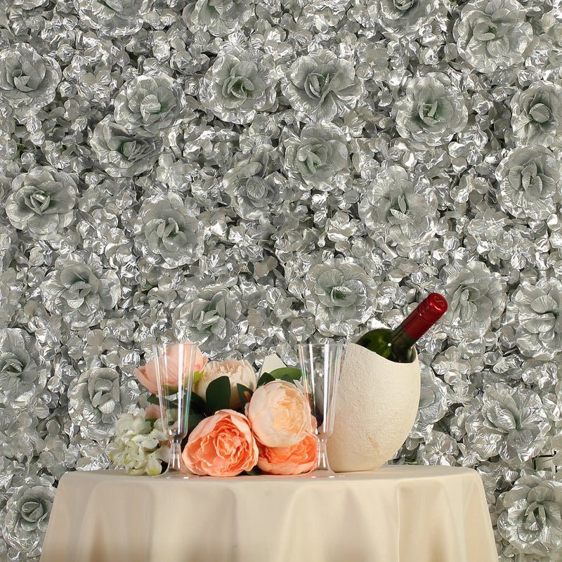 Silver 3D Silk Rose and Hydrangea Flower Wall Mat Backdrop - 4 Artificial Panels - YauSpark
