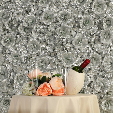 Silver 3D Silk Rose and Hydrangea Flower Wall Mat Backdrop - 4 Artificial Panels - YauSpark