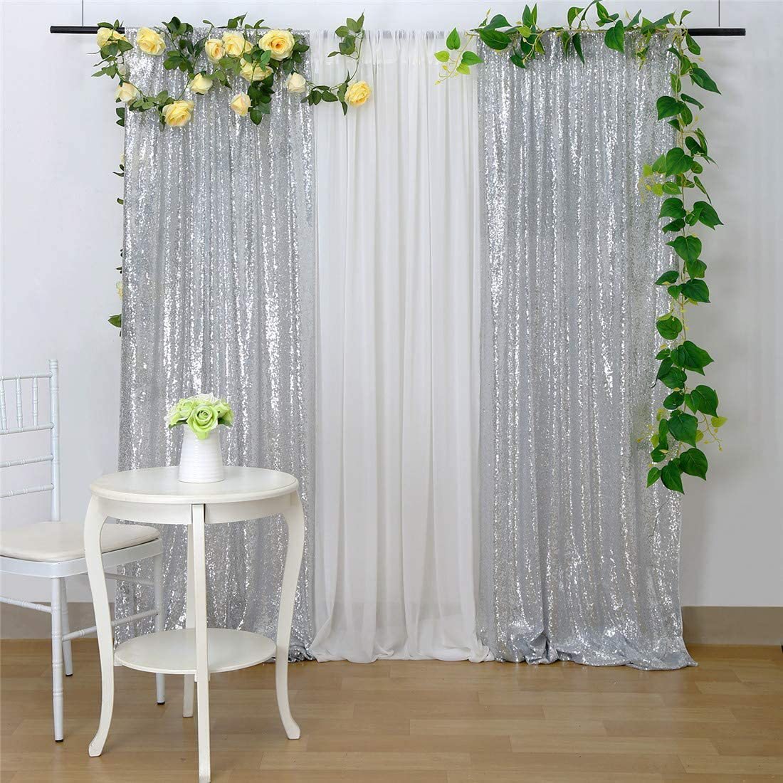 Silver Sequin Backdrop Drape Curtains with Rod Pockets - 8ftx8ft - YauSpark