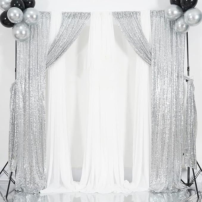 Silver Sequin Backdrop Drape Curtains with Rod Pockets - 8ftx8ft - YauSpark