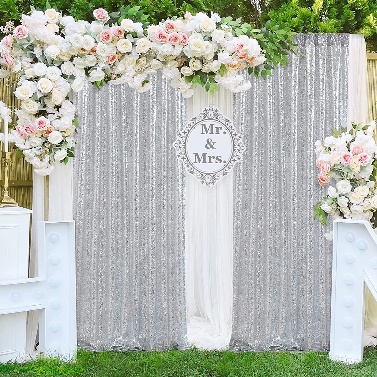 Silver Sequin Backdrop Drape Curtains with Rod Pockets - 8ftx8ft - YauSpark
