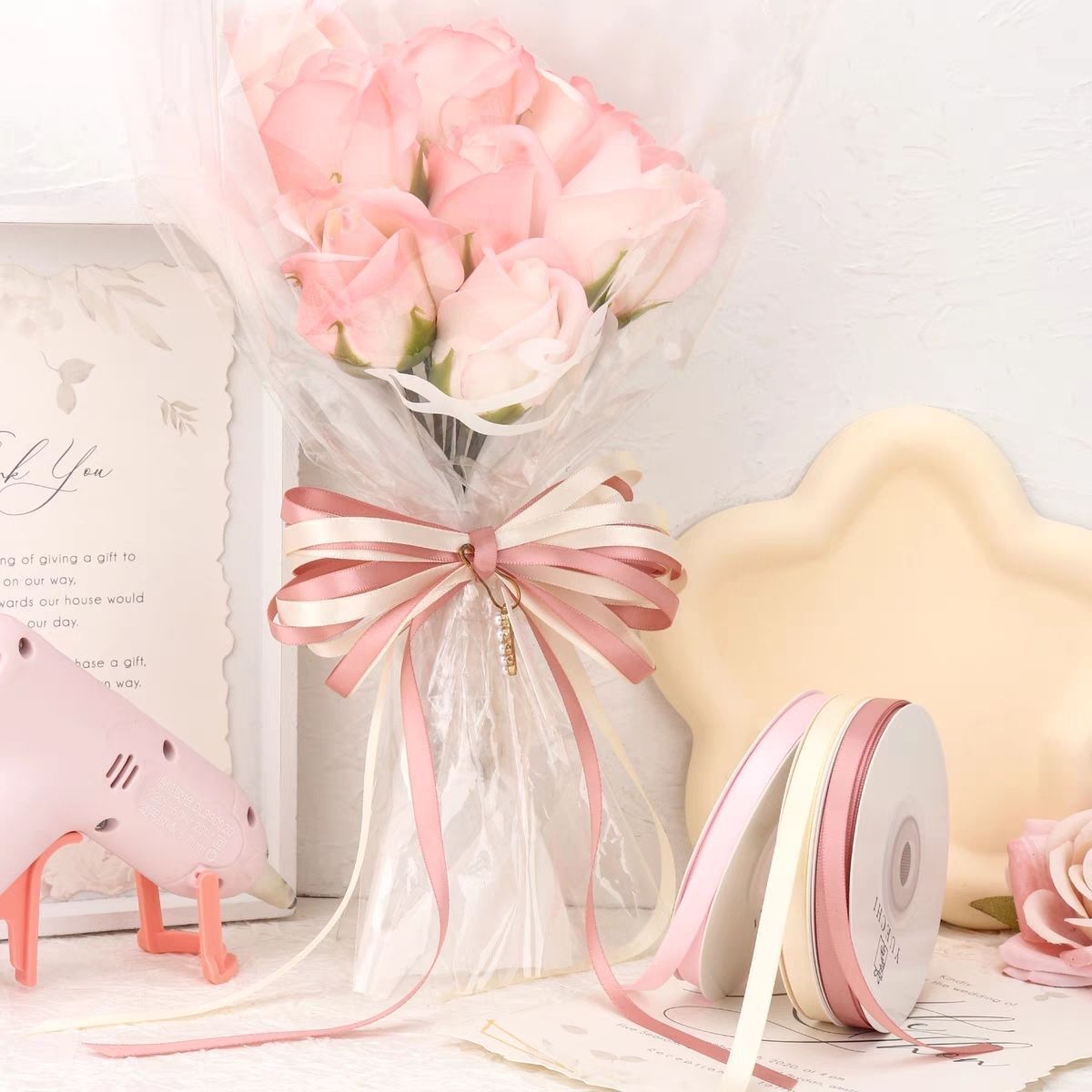 Single Face Decorative Satin Ribbon 100 Yards 3/8" Beige - YauSpark