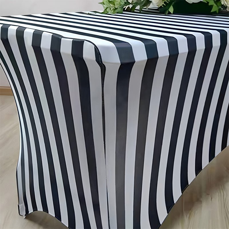 Stretch Spandex Rectangle Tablecloth Black/White Vertical Stripes 96"x30" - YauSpark