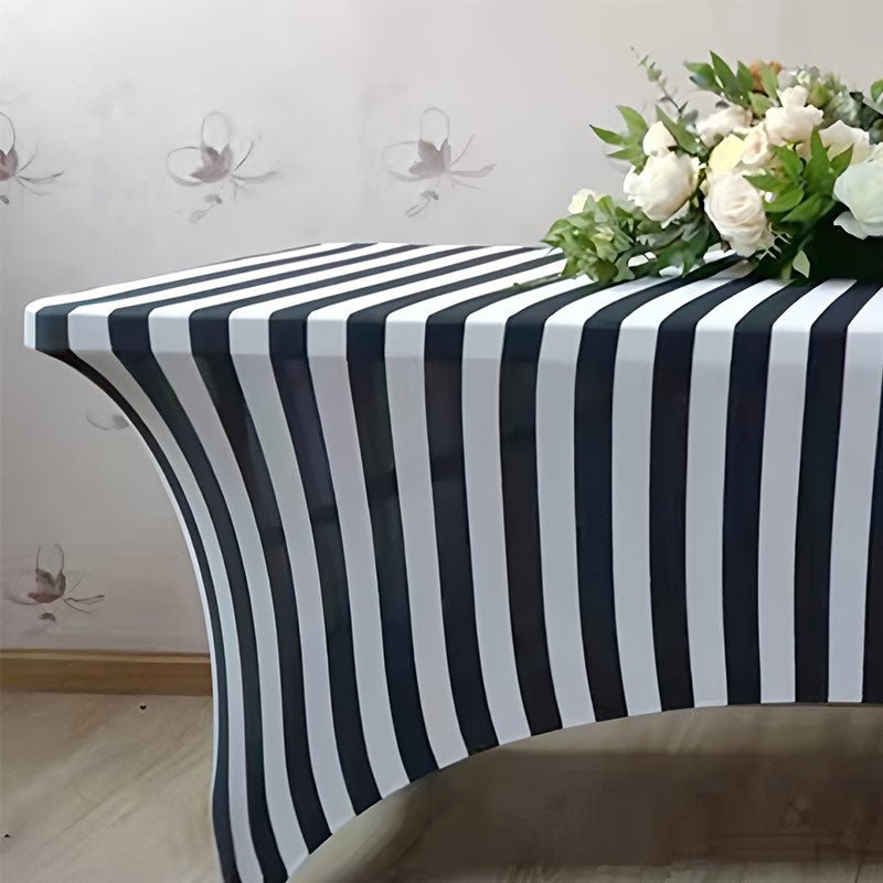 Stretch Spandex Rectangle Tablecloth Black/White Vertical Stripes 96"x30" - YauSpark