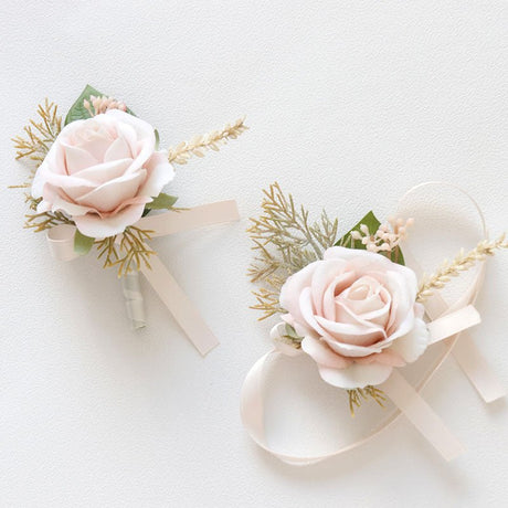 Wedding Rose Wrist Corsage and Boutonniere Set Beige - YauSpark