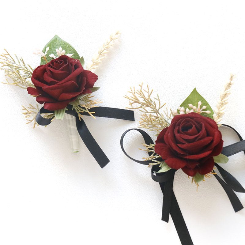 Wedding Rose Wrist Corsage and Boutonniere Set Burgundy - YauSpark