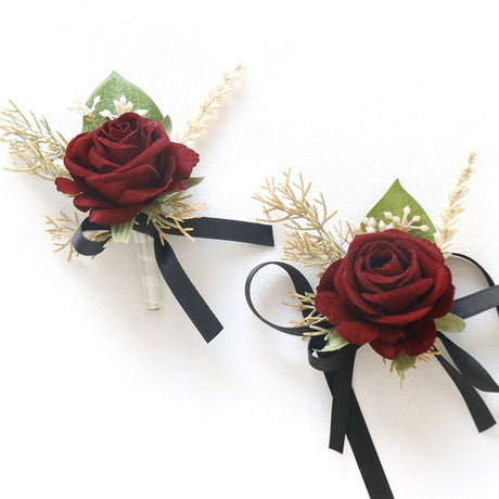 Wedding Rose Wrist Corsage and Boutonniere Set Burgundy - YauSpark