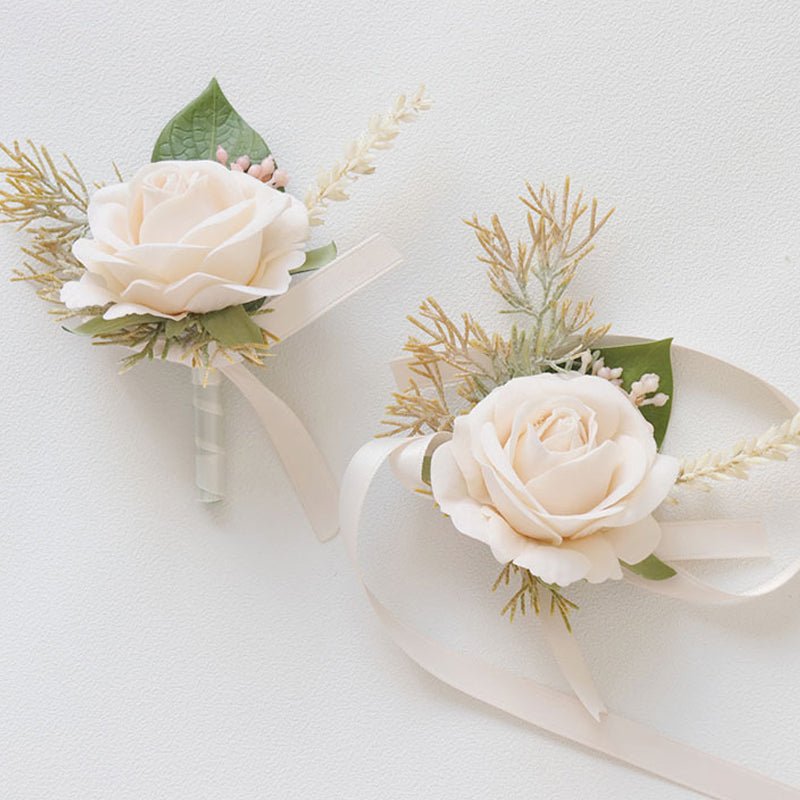 Wedding Rose Wrist Corsage and Boutonniere Set Champagne Pink - YauSpark
