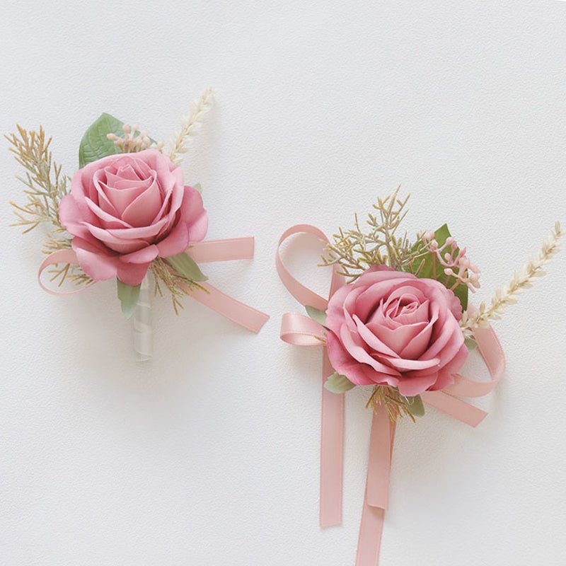 Wedding Rose Wrist Corsage and Boutonniere Set Dark Pink - YauSpark