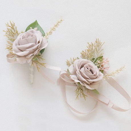 Wedding Rose Wrist Corsage and Boutonniere Set Gray - YauSpark