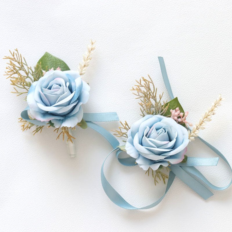 Wedding Rose Wrist Corsage and Boutonniere Set Light Blue - YauSpark
