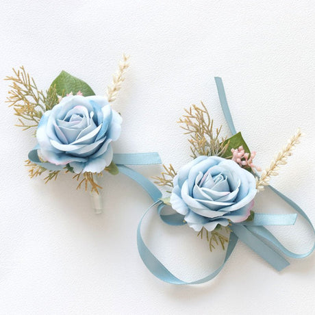 Wedding Rose Wrist Corsage and Boutonniere Set Light Blue - YauSpark