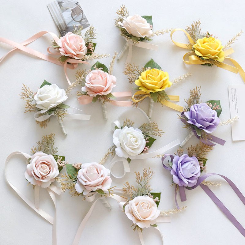 Wedding Rose Wrist Corsage and Boutonniere Set Orange - YauSpark