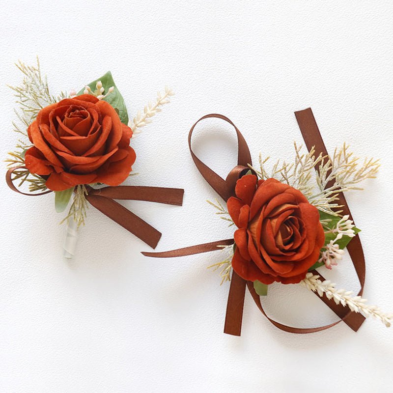 Wedding Rose Wrist Corsage and Boutonniere Set Orange - YauSpark