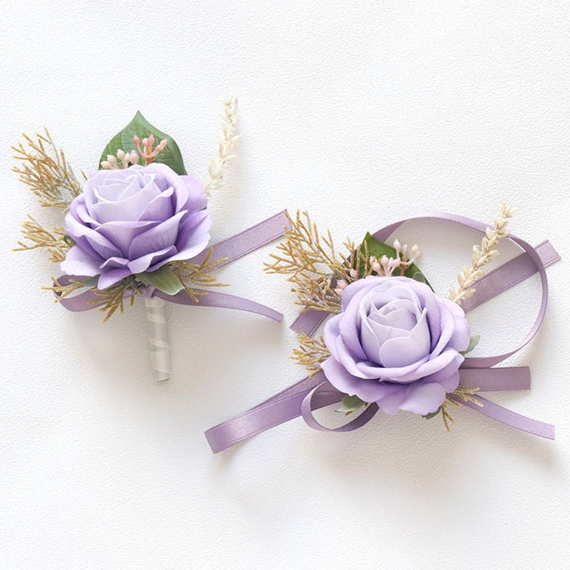 Wedding Rose Wrist Corsage and Boutonniere Set Purple - YauSpark