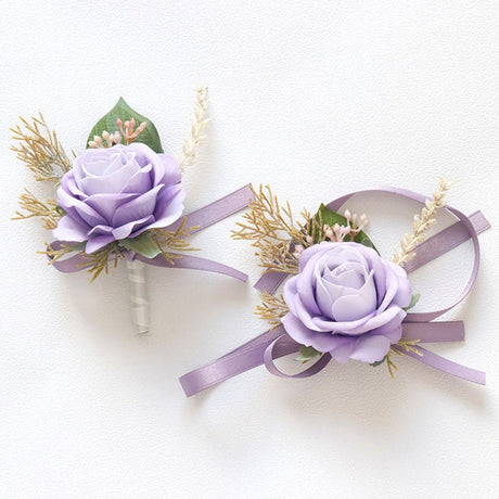Wedding Rose Wrist Corsage and Boutonniere Set Purple - YauSpark