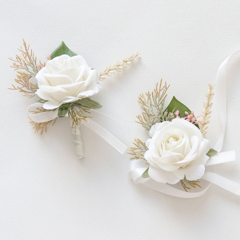 Wedding Rose Wrist Corsage and Boutonniere Set White - YauSpark