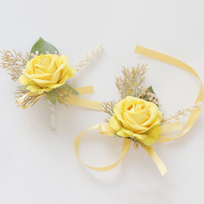Wedding Rose Wrist Corsage and Boutonniere Set Yellow - YauSpark