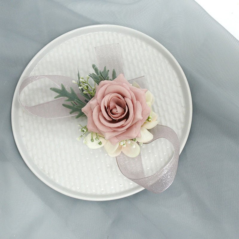 Wedding Simulation Corsage Wrist Flower Set Bean Paste Pink - YauSpark