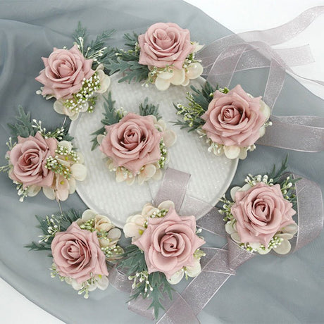 Wedding Simulation Corsage Wrist Flower Set Bean Paste Pink - YauSpark