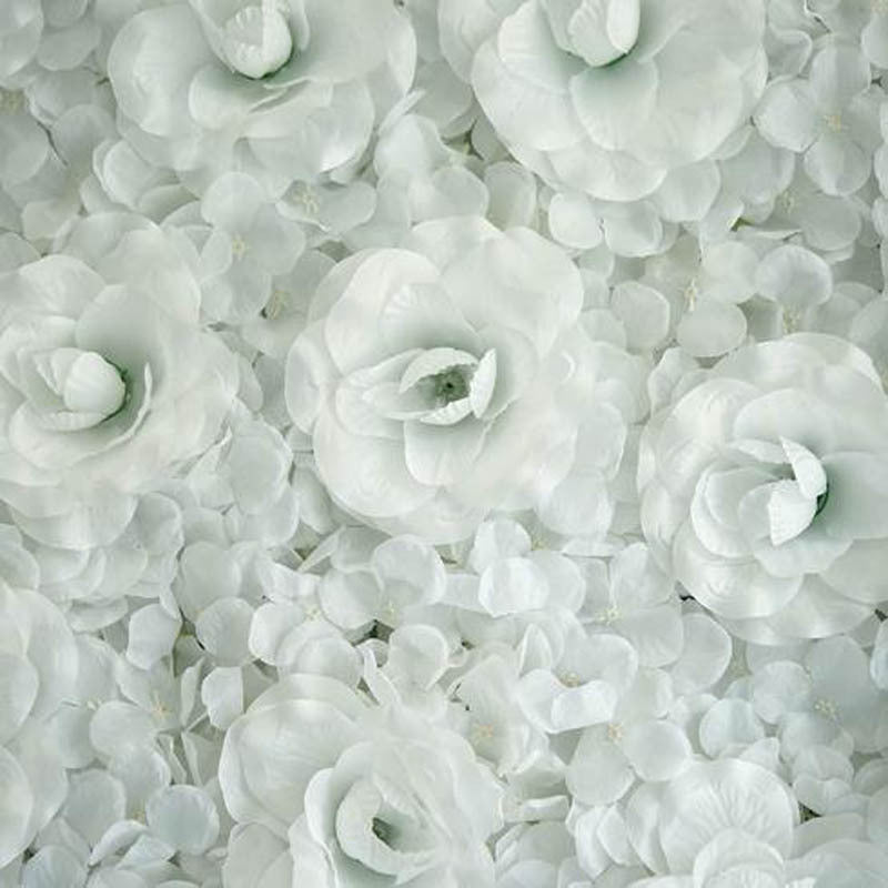 White 3D Silk Rose and Hydrangea Flower Wall Mat Backdrop - 4 Artificial Panels - YauSpark
