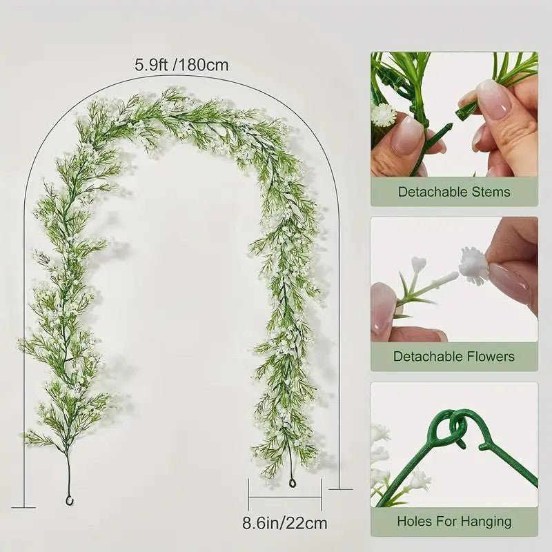 White Artificial Silk Gypsophila Table Flower Garland Hanging Flower Vines 6ft - YauSpark