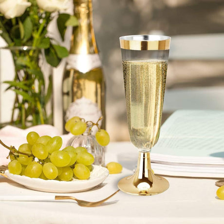 12 Pcs Plastic Champagne Flutes 5oz Clear with Gold Rim and Base - YauSpark
