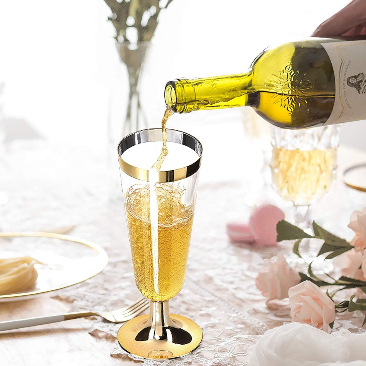 12 Pcs Plastic Champagne Flutes 5oz Clear with Gold Rim and Base - YauSpark