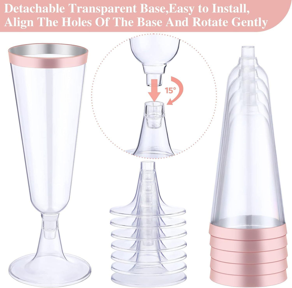12 Pcs Plastic Champagne Flutes 5oz Clear with Rose Gold Rim - YauSpark