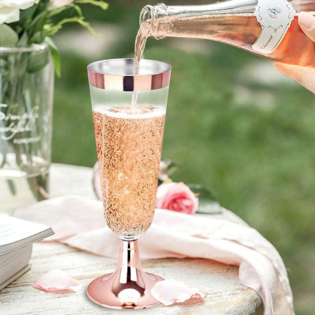 12 Pcs Plastic Champagne Flutes 5oz Clear with Rose Gold Rim and Base - YauSpark