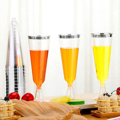 12 Pcs Plastic Champagne Flutes 5oz Clear with Silver Rim - YauSpark