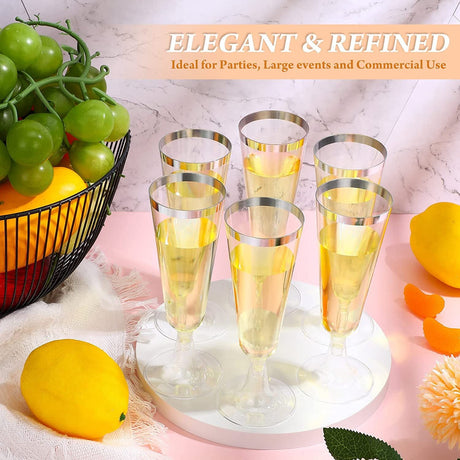 12 Pcs Plastic Champagne Flutes 5oz Clear with Silver Rim - YauSpark