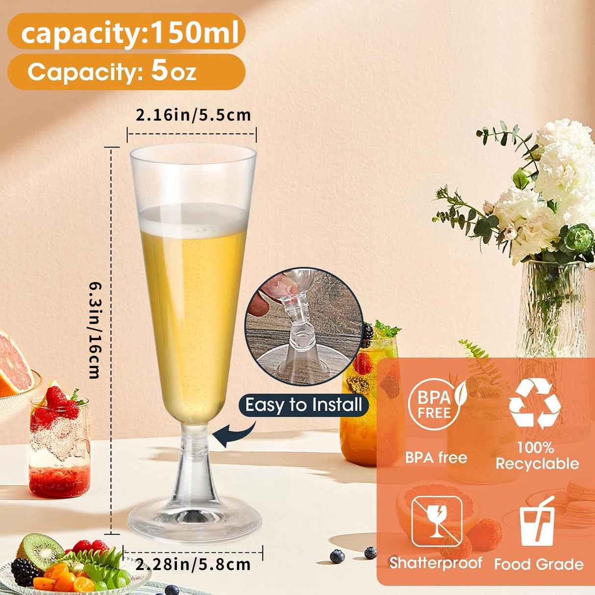12 Pcs Plastic Champagne Glasses 5oz Clear - YauSpark