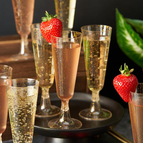 12 Pcs Plastic Champagne Glasses 5oz Gold Glittered Short Stem - YauSpark