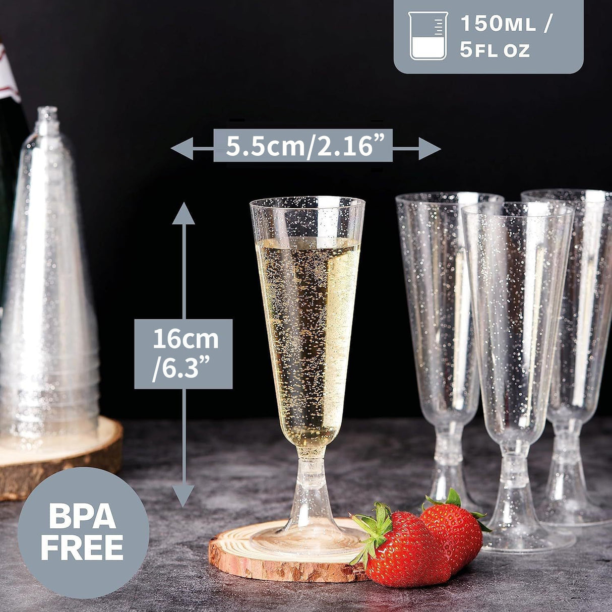 12 Pcs Plastic Champagne Glasses 5oz Silver Glittered Short Stem - YauSpark
