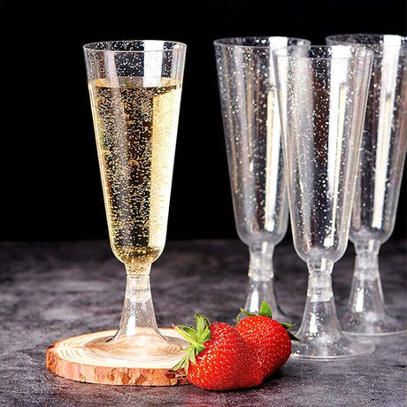 12 Pcs Plastic Champagne Glasses 5oz Silver Glittered Short Stem - YauSpark