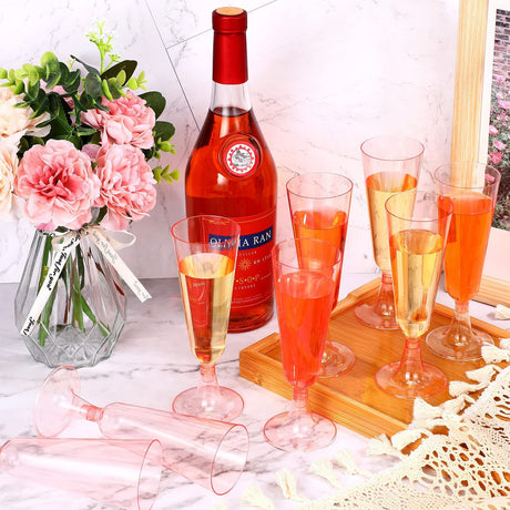 12 Pcs Plastic Champagne Glasses 5oz Transparent Pink - YauSpark
