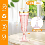 12 Pcs Plastic Champagne Glasses 5oz Transparent Pink with Rose Gold Rim - YauSpark