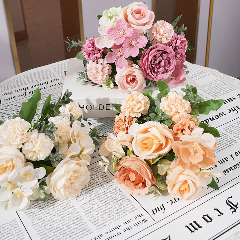 2 Pcs Silk Rose Bouquets Mixed Peony & Hydrangea 12" Champagne - YauSpark