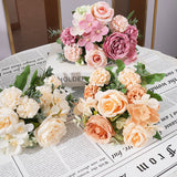 2 Pcs Silk Rose Bouquets Mixed Peony & Hydrangea 12" Champagne - YauSpark