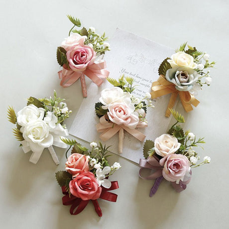 2 Pcs Wedding Two - Headed Rose Corsage Blue Yellow - YauSpark