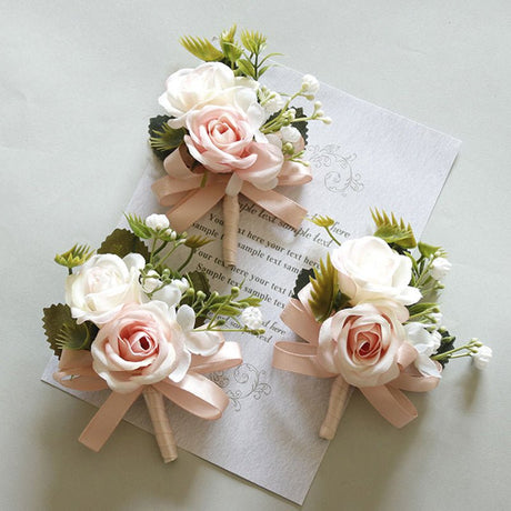 2 Pcs Wedding Two - Headed Rose Corsage Blue Yellow - YauSpark