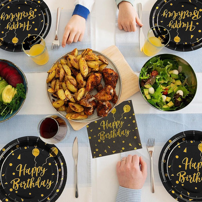 20 Pcs Paper Beverage Napkins 2 Ply Black/Gold with Happy Birthday Foil Print 6.5"x6.5" - YauSpark