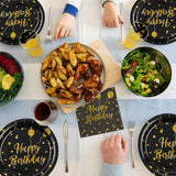 20 Pcs Paper Beverage Napkins 2 Ply Black/Gold with Happy Birthday Foil Print 6.5"x6.5" - YauSpark