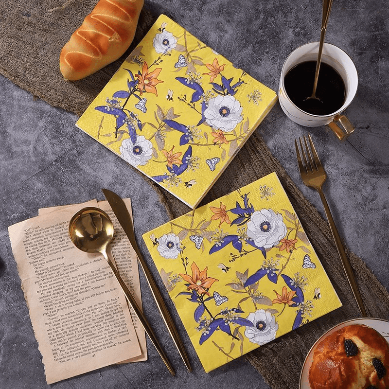 20 Pcs Paper Beverage Napkins 2 Ply Bright Yellow with Blooming Flowers Design 6.5"x6.5" - YauSpark