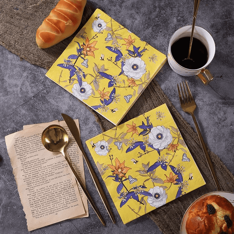 20 Pcs Paper Beverage Napkins 2 Ply Bright Yellow with Blooming Flowers Design 6.5"x6.5" - YauSpark
