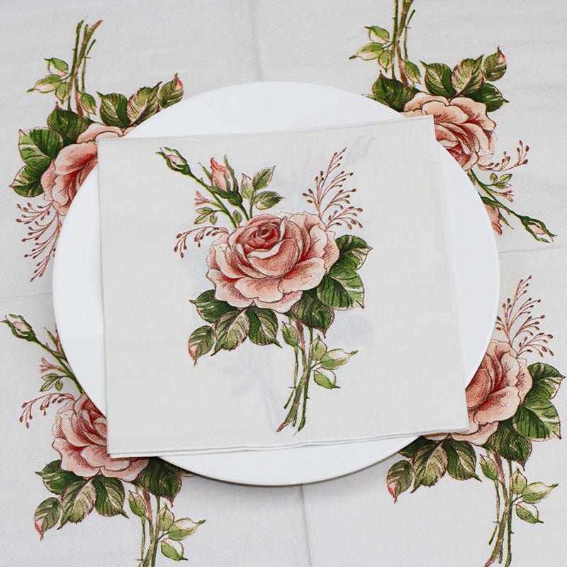 20 Pcs Paper Beverage Napkins 2 Ply Pink/Ivory with Vintage Rose Design 6.5"x6.5" - YauSpark